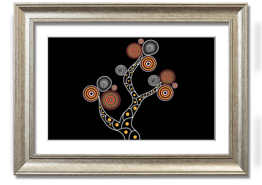 Framed Aboriginal Tree 1 print showcasing vibrant colors and intricate patterns, ready to hang.